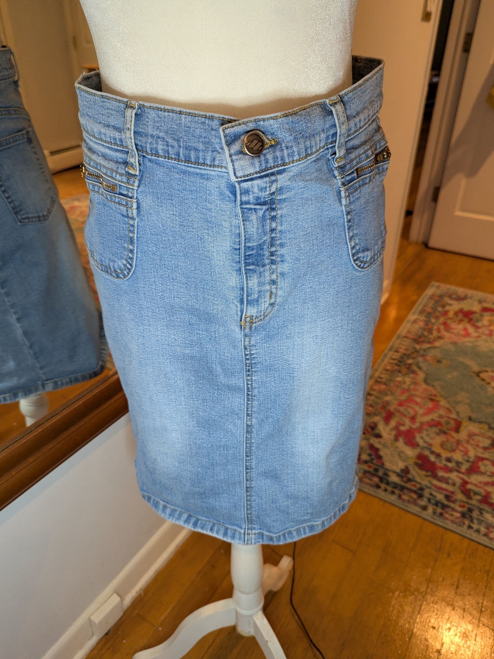 Light Blue Denim Pencil Skirt With Zip Side Pockets